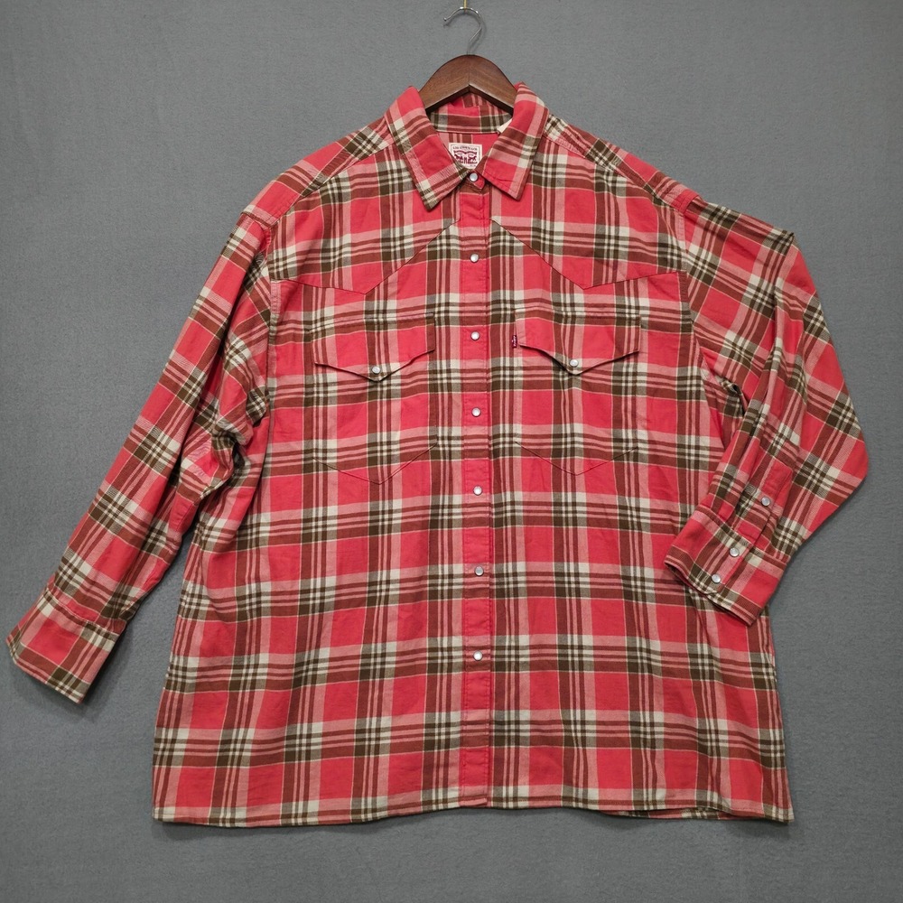 Levi Strauss Women's Red Plaid Riveted Pearl‎ Snap Western Flannel Size XL?-3XL?